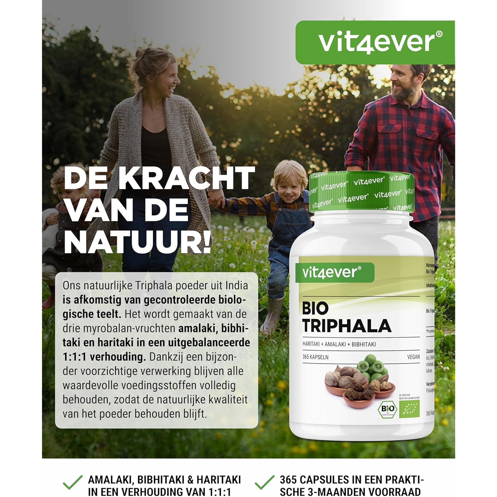 Bio-Triphala aus den drei Myrobalan-Früchten Amalaki, Bibhitaki &amp; Haritaki | 365 Kapseln | Vit4ever